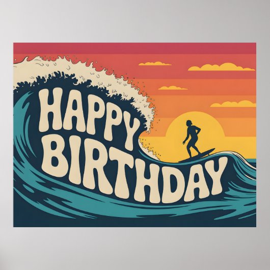 Retro Surf Theme "Happy Birthday" Illustration Poster (Vorne)
