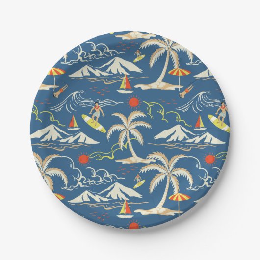 Retro Surf Tropical Pattern Pappteller (Vorderseite)