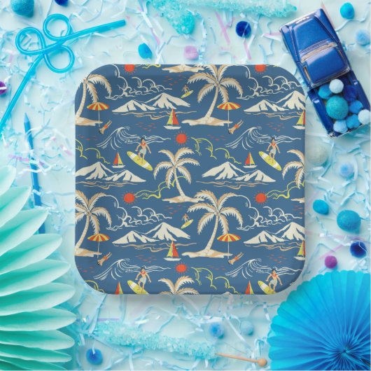 Retro Surf Tropical Pattern Pappteller (Party)