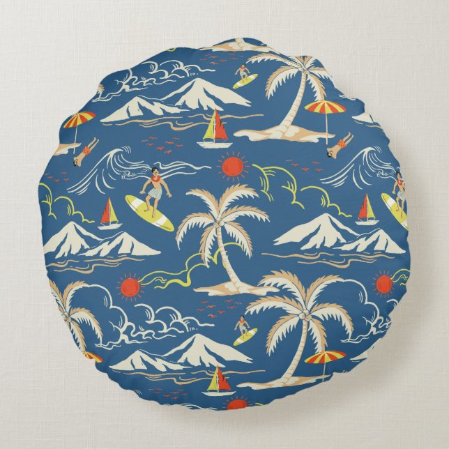 Retro Surf Tropical Pattern Rundes Kissen (Rückseite)