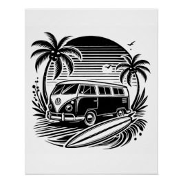 Retro Surf Van & Palm Trees Design Glossy Poster