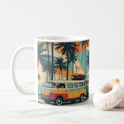 Retro Surf Van & Palmen Kaffeetasse | Tropisch (Mit Donut)
