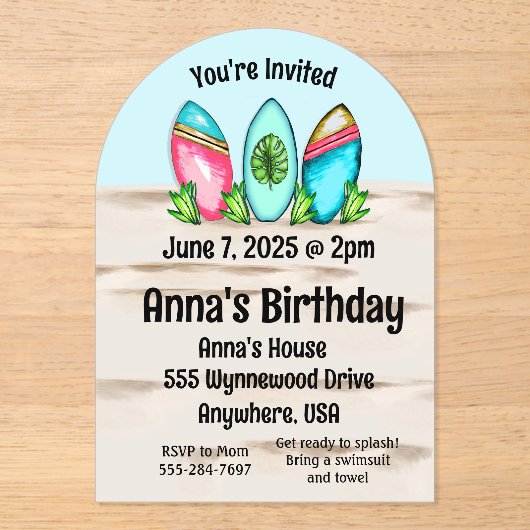 Retro-Surfboards, rosa, Acryleinladungen (Vorderseite)