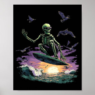 Retro-Surfen-Skelett-Surfer-Reitet-Welle-Sonnenunt Poster