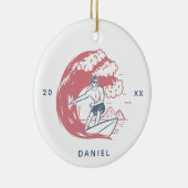 Retro Surfer Boy Beach Vibes Name & Year Big Wave Keramik Ornament (Rechts)
