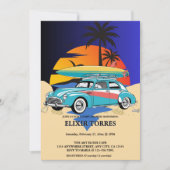 Retro Surfer Car Babydusche Einladung (Vorderseite)