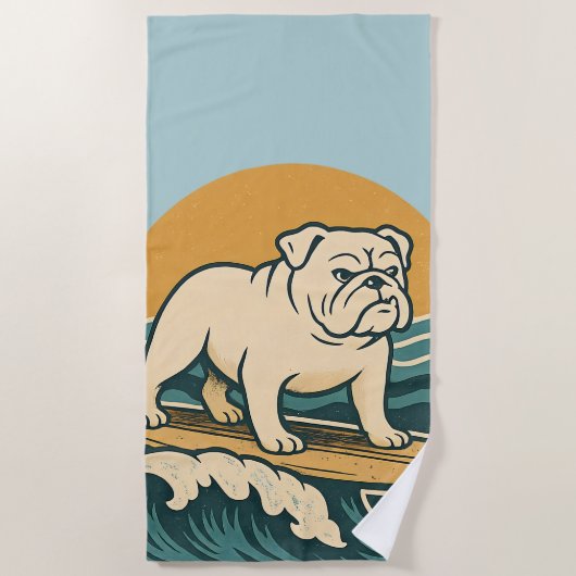 Retro Surfer Dog Blue Coastal Surfing Bulldog Art Strandtuch (Vorderseite)