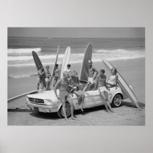 Retro Surfer, Schwarz-Weiß-Strand im Vintage-Stil Poster