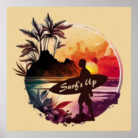Retro Surfer Sunset Beach Poster (Vorne)