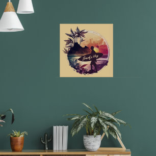 Retro Surfer Sunset Beach Poster