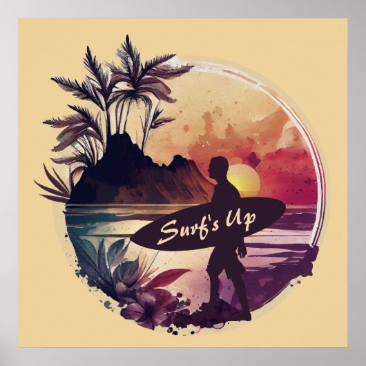 Retro Surfer Sunset Beach Poster (Vorne)