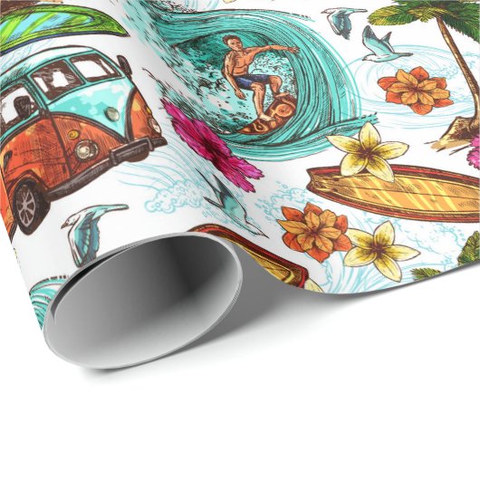 Retro Surfing Geschenkpapier (Rolleneckpunkt)