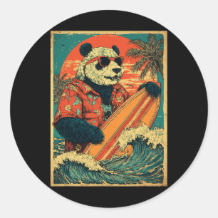 Retro-Surfing-Panda-Bär-Surfer-Hawaii-Tier-Strand Runder Aufkleber