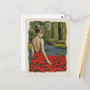 Retro Surreal Frau Ihr Kleid War Tulpen Postkarte