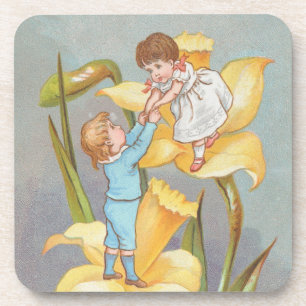 Retro süß Valentinstag, Kinder und Narzissen Getränkeuntersetzer