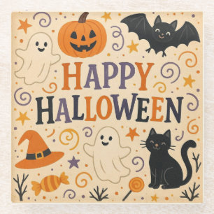 Retro, süße glückliche Halloween-Fledermaus, Geist Glasuntersetzer