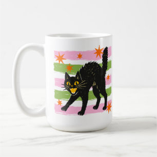 Retro süße Halloween-Schwarze Katze mit Streifen u Kaffeetasse
