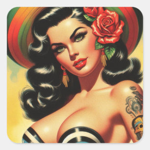 Retro Süße Heiße Pinup Quadratischer Aufkleber