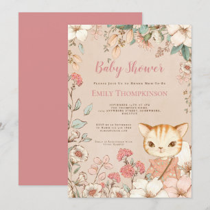 Retro Süße Katze Blumen Blätter Mädchen Babyparty Einladung