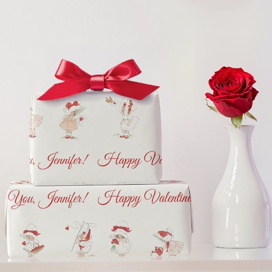 Retro Süße Mädchen Rote Herzen Name Valentinstag Geschenkpapier