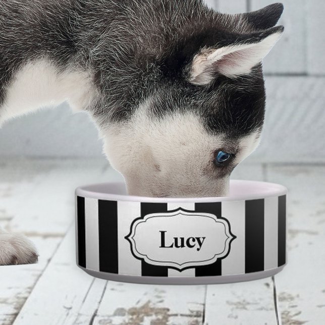 Retro süße Schwarz-Weiß-Gestreifte Keramik-Schale  Napf (personalized black and white stripe bowl for good)
