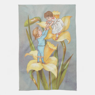 Retro Süße Süße Valentinstag, Kinder und Narzissen Geschirrtuch