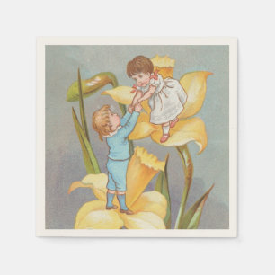 Retro Süße Süße Valentinstag, Kinder und Narzissen Serviette