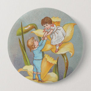 Retro süße Valentinstag, Kinder und Narzissen Button