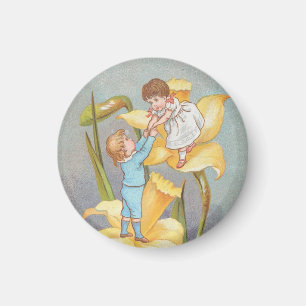 Retro süße Valentinstag, Kinder und Narzissen Magnet