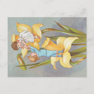 Retro süße Valentinstag, Kinder und Narzissen Postkarte