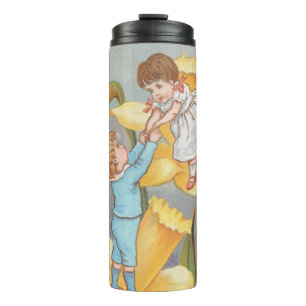 Retro Süße Valentinstagsgrüße, Kinder und Narzisse Thermosbecher