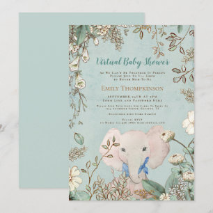 Retro Süßer Elefant Grüne Virtuelle Babyparty Einladung