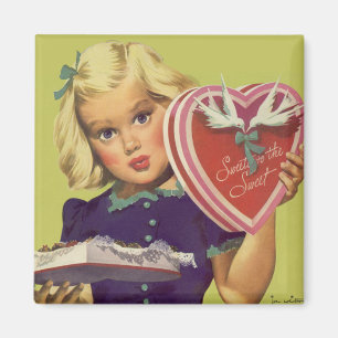 Retro Süßer Valentinstag, Mädchen mit Pralinen Magnet