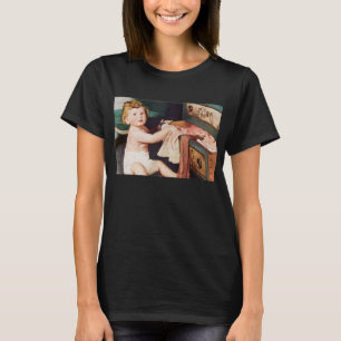 Retro süßes Kleinkind spielt mit Kleiderschrank T-Shirt