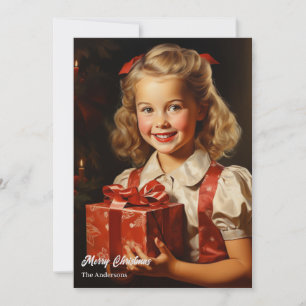 Retro süßes Mädchen mit Weihnachtsgeschenk Feiertagskarte