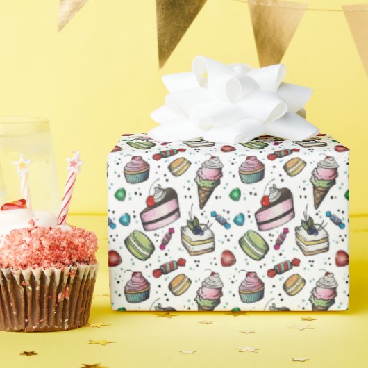 Retro-Süßigkeiten- Weiß Geschenkpapier (Geburtstagsparty)