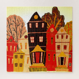 Retro Sweet Zuhause Poster: Cartoon Houses Puzzle