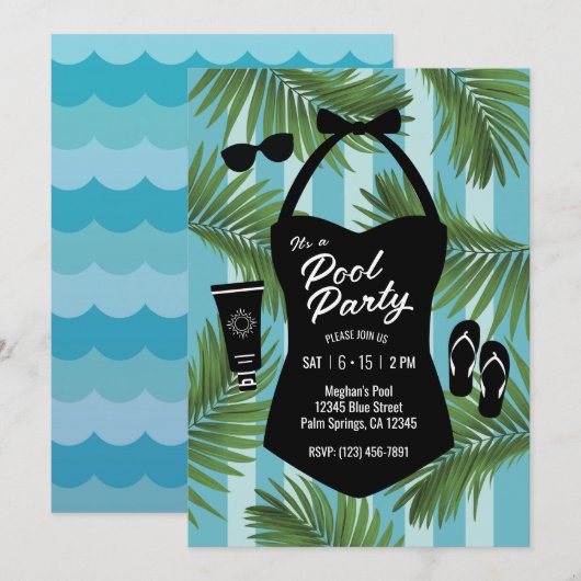 Retro Swimsuit Pool Party Einladung (blau) (Vorne/Hinten)