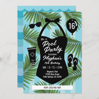 Retro Swimsuit Sweet 16 Pool Party Einladung (blau