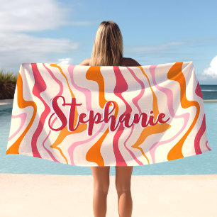 Retro Swirl Abstrakte Welle Rosa Orange Benutzerna Strandtuch