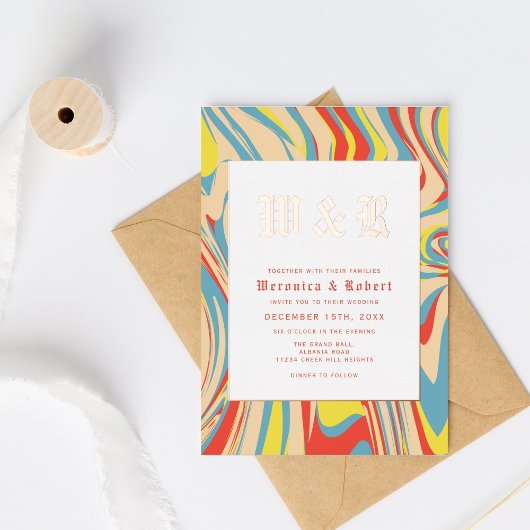 Retro Swirl Abstraktes Muster Rose Gold Monogramm Folieneinladung