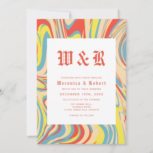 Retro Swirl Orange Abstrakt Pattern Monogramm Einladung (Vorderseite)