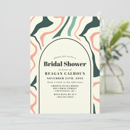 Retro Swirr Arch Minze Grün und Rosa Brautparty Einladung (Stehend Vorderseite)
