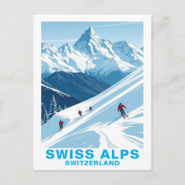 Retro Swiss Alps Skiing, Switzerland Travel Postkarte