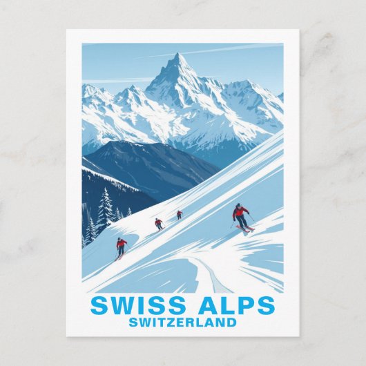 Retro Swiss Alps Skiing, Switzerland Travel Postkarte (Vorderseite)