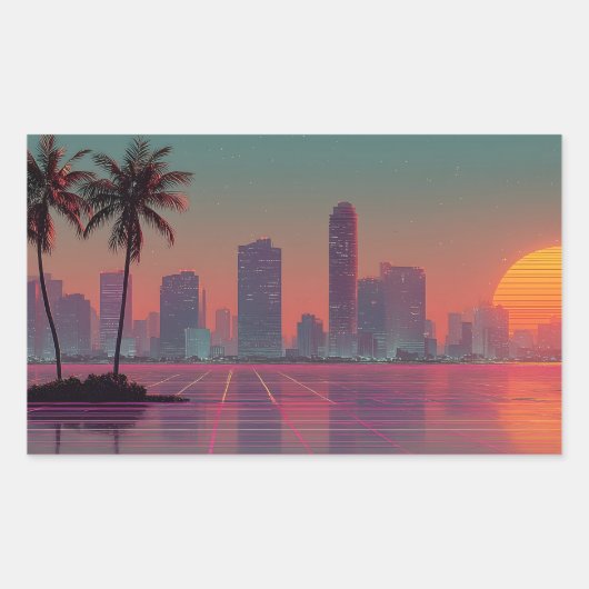 Retro Synthwave Cityscape Sunset Rechteckiger Aufkleber (Vorderseite)