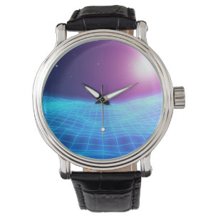 Retro synthwave glühende Neonlichtlandschaft 1980 Armbanduhr