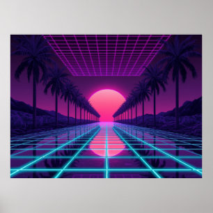 Retro Synthwave Horizont - Neonraster & Palmenpost Poster