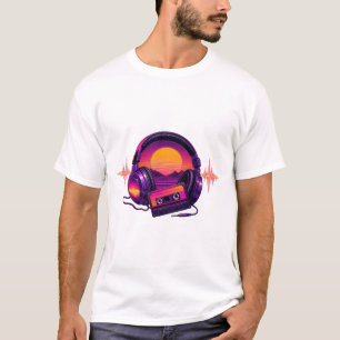 Retro Synthwave Kopfhörer Im Sonnenuntergang T-Shirt