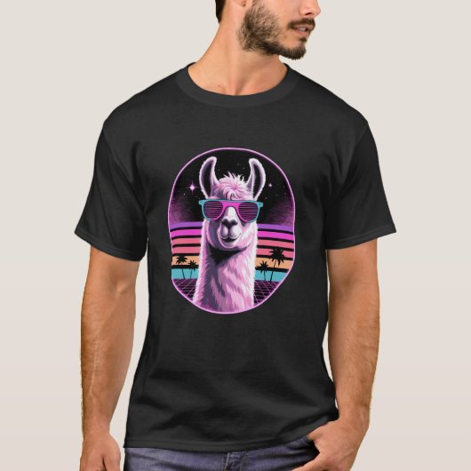 Retro Synthwave Lama Sonnenbrille Lamas T-Shirt (Vorderseite)